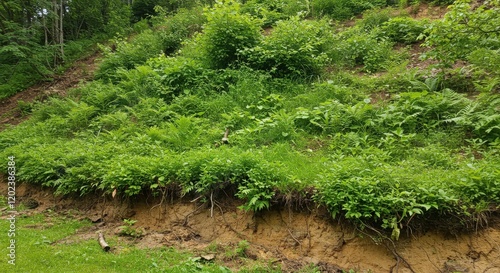 Green Vegetation on a Hillside with Eroded Soil
