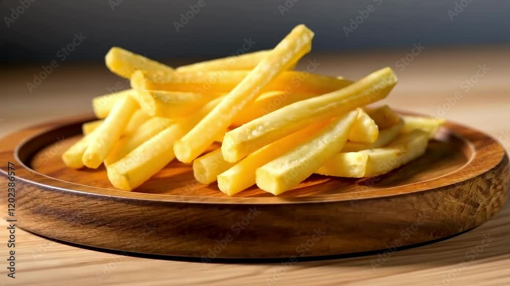 Golden french fries on wooden plate under natural light progressively stack higher Golden french fries on wooden plate under natural light progressively stack higher