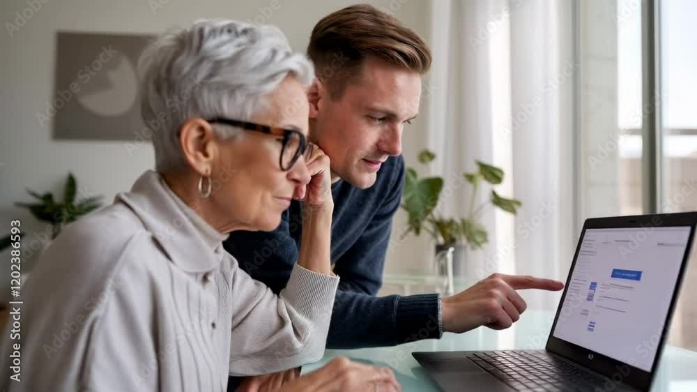 Senior Mother and Adult Son Share a Moment of Connection While Using Laptop at Home Senior Mother and Adult Son Share a Moment of Connection While Using Laptop at Home