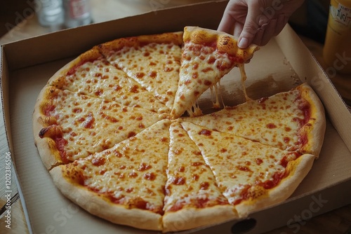 Cheesy pizza being pulled from a freshly baked pie on a wooden table