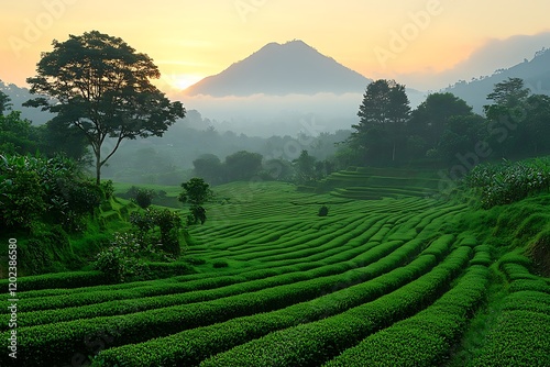 Serene Sunrise Over Lush Green Tea Plantation Hills photo