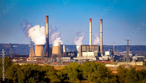 Industrial power plant emitting steam against a clear blue sky.  Large cooling towers and smokestacks dominate the landscape.
