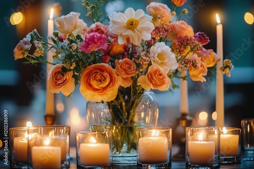 Beautiful floral arrangement with soft candles creating a cozy ambiance in a ...
