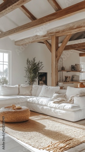 Cozy and modern living room with white sofa and natural decor in a bright space