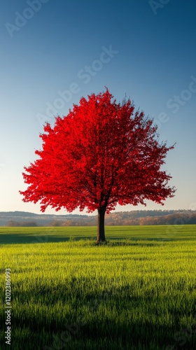 Vibrant red tree stands alone in a green field under a clear blue sky during ...