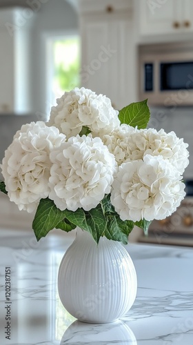 Beautiful white hydrangeas arranged in a vase on a kitchen countertop with mo...