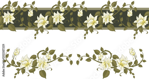 Vector seamless floral romantic frieze set with white roses. Wedding backgrounds, page decorations, fabric, silk and scarf patterns. Floral ornamental motifs in Eastern style. Marriage, love concept.