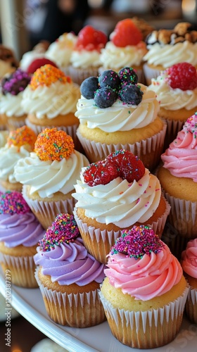 Colorful assortment of cupcakes and pastries on display in a vibrant bakery