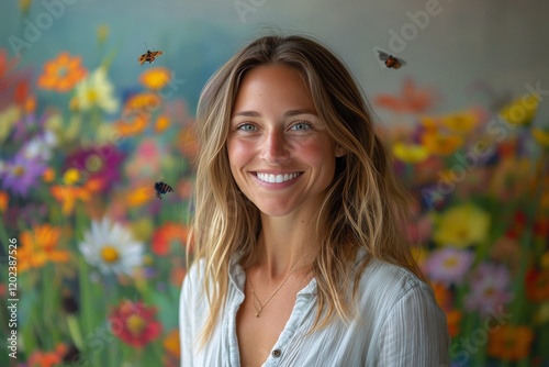 Woman smiling in front of a vibrant floral backdrop with bees flying around her