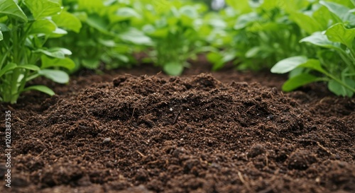 Close Up View of Rich Soil and Green Plants Growing in Garden