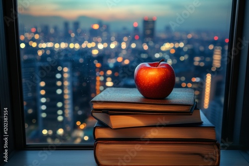 Books stacked with a red apple placed on top in an artistic display