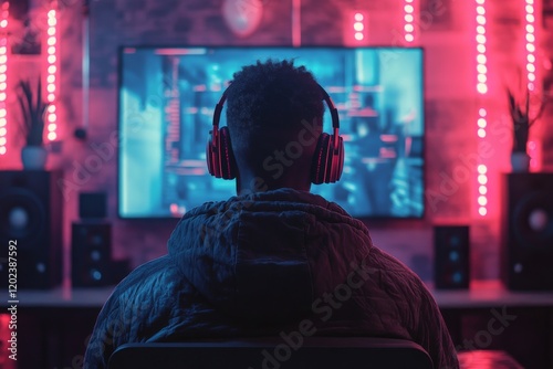 Listening to music in a vibrant recording studio at night