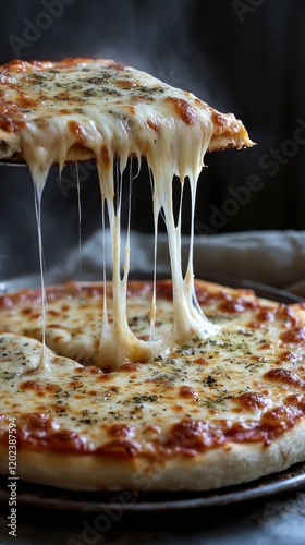 Delicious cheese pizza being lifted with gooey melted cheese against a starry...
