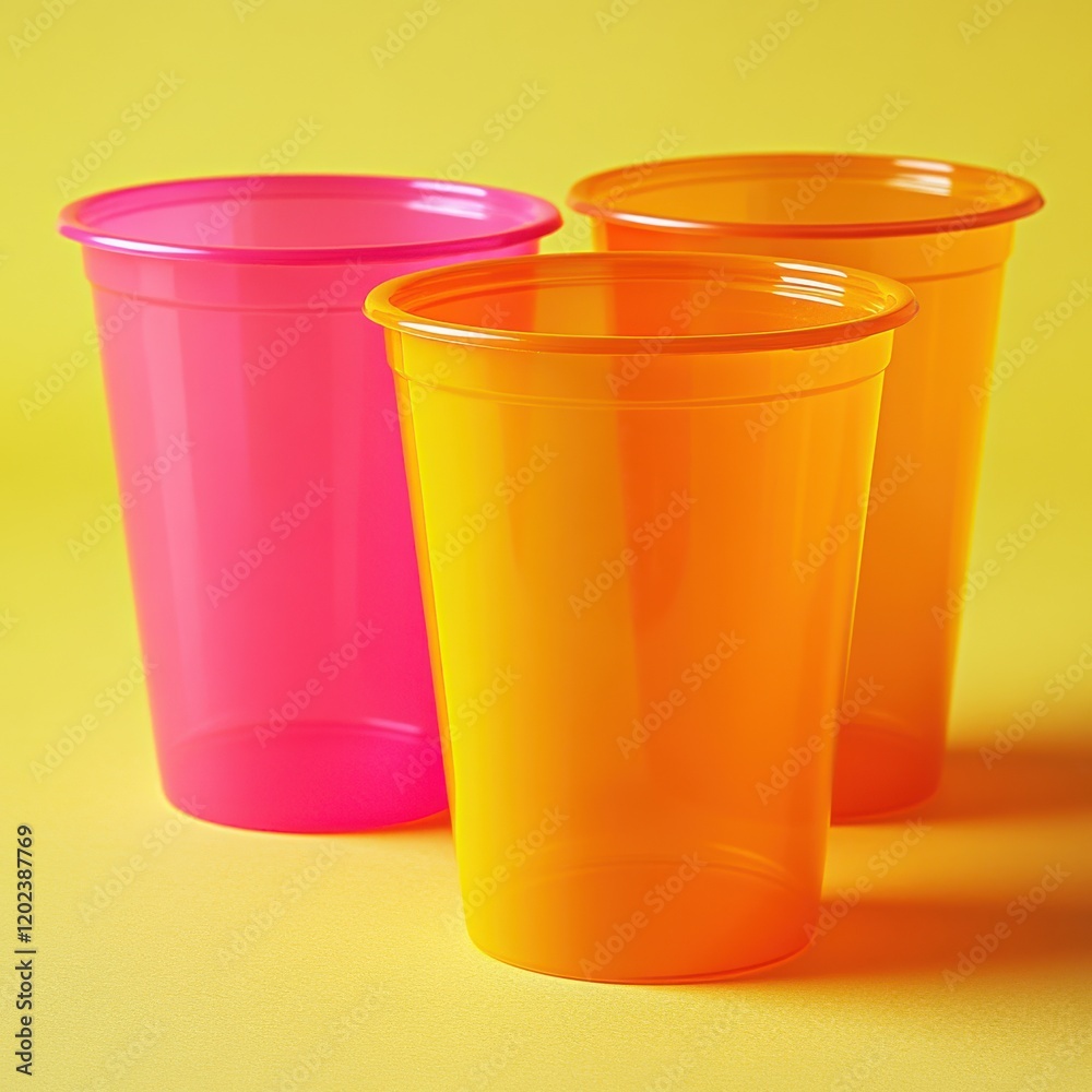 Three plastic cups with orange and pink drinks on a yellow background Three plastic cups with orange and pink drinks on a yellow background