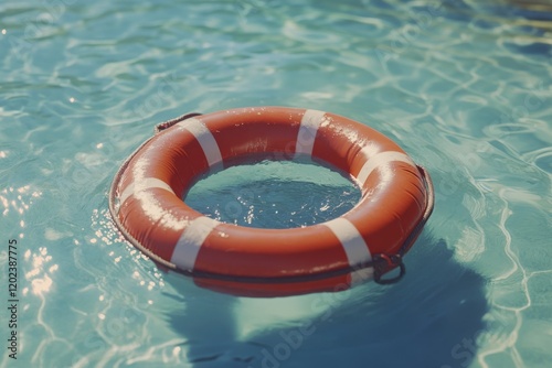 Bright orange lifebuoy floating in clear blue water at a sunny poolside