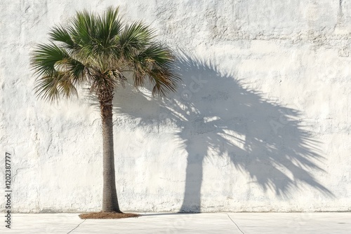 Palm tree casting shadow against a bright white wall in a sunny outdoor setting