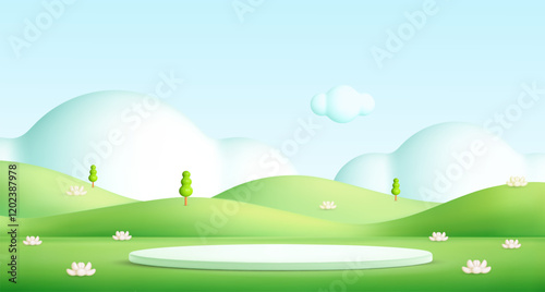 Kid podium in green hills on abstract cartoon background. 3d spring landscape. Tree, grass mountain, clouds in sky. Park scene. Childish cartoon vector illustration