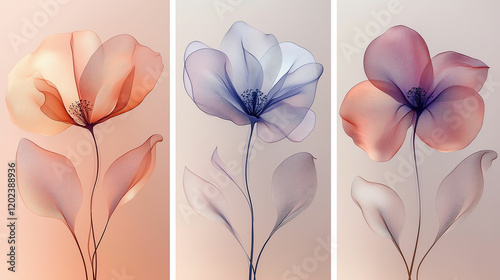 Elegant design of five vertical posters showcasing smoky line illustrations of flowers in soft colors