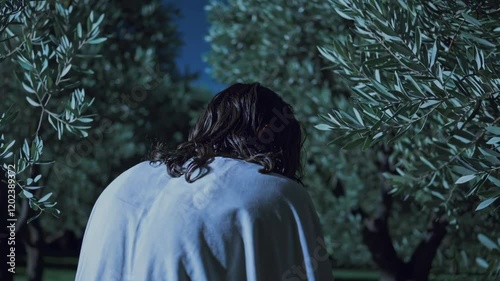 Jesus praying in the garden of olives, back view.