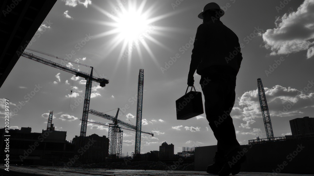 Fototapeta premium Silhouette of construction worker at a site with cranes under bright sun.