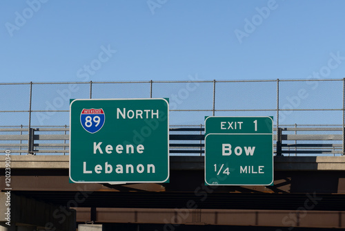 exit signs on  Interstate 89 for I-North toward Keene and Lebanon and Exit 1 for Bow, New Hampshire photo