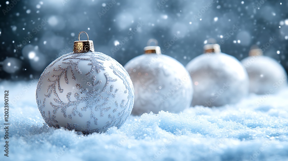 Elegant Silver Christmas Ornaments Resting in Snow Elegant Silver Christmas Ornaments Resting in Snow