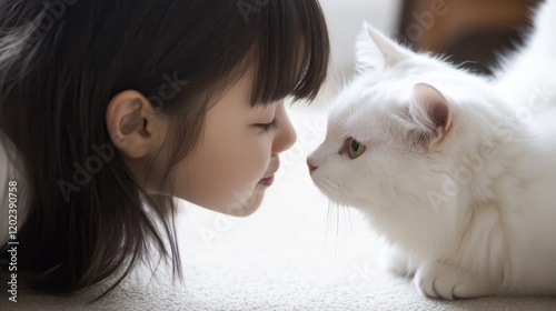 Young girl gently faces a fluffy white cat.
