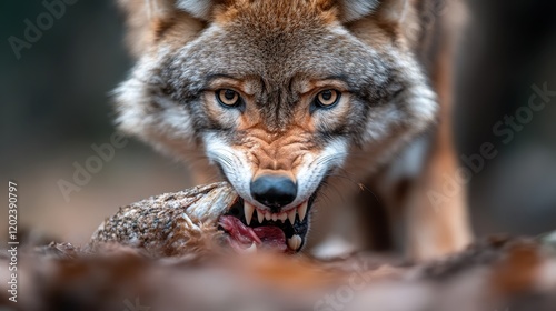 Another captivating coyote close-up showcasing raw power and fierceness, this time with a focus on its sharp teeth as it clutches its prey tightly.