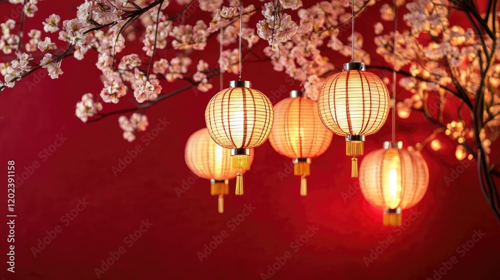 Obraz premium Chinese lanterns hanging decorations and sakura blossoms on red background, Elegant design for Chinese New Year greeting card ,copy space for text.