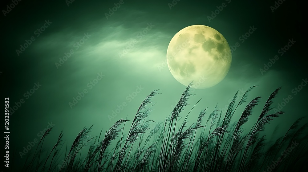 Fototapeta premium Serene Nighttime Landscape With Full Moon And Tall Grass