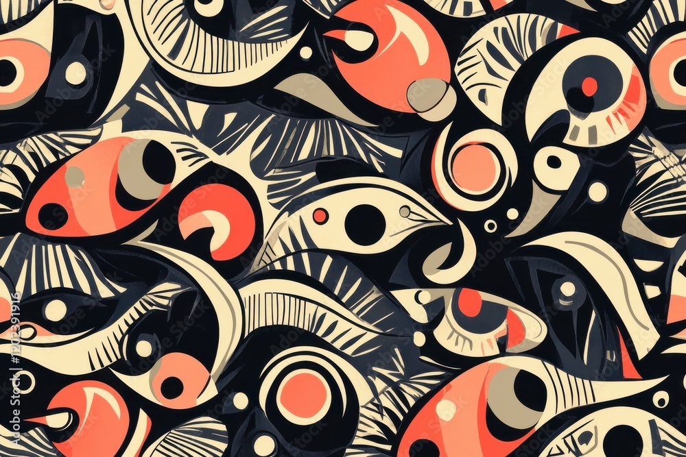 Fototapeta premium Abstract art print with swirling shapes and bold colors.
