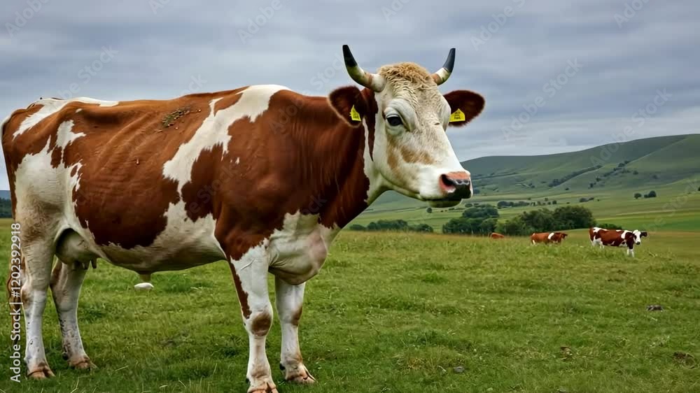 Curious cow grazing in lush green pasture under cloudy sky Curious cow grazing in lush green pasture under cloudy sky