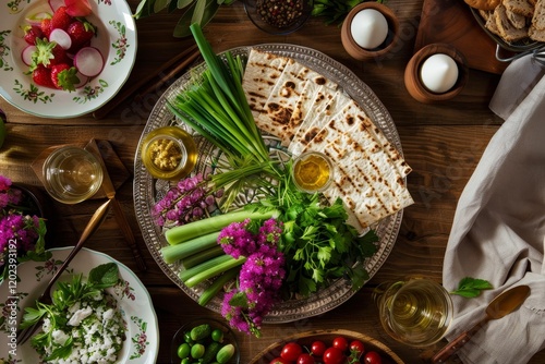 A modern take on the Passover Seder plate with matzah, herbs, and flowers, Design a modern interpretation of the Passover Seder plate photo