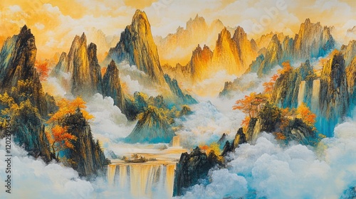 Chinese style landscape painting with golden mountains and rivers on white clouds background
