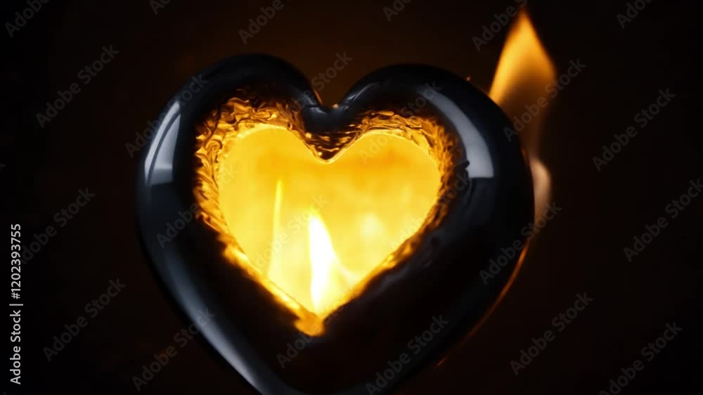 A black heart with a glowing orange center, symbolizing warmth and passion, set against a dark background