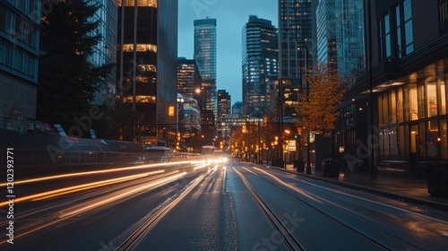 City street at twilight with light trails from moving vehicles.