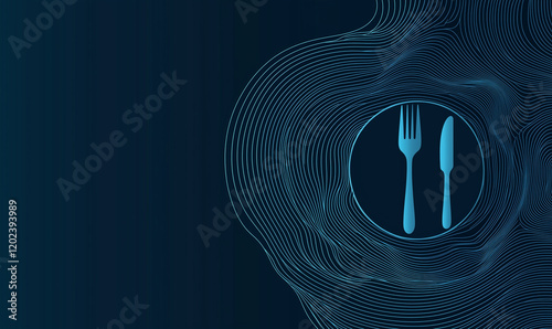 Abstract design featuring utensils in a circular frame against a dark blue background. photo