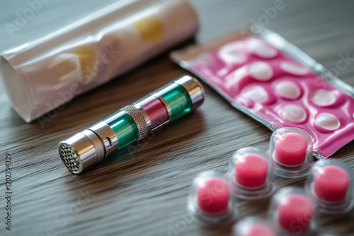 Electronic cigarette with visible e-liquid tank, case, and pink nicotine lozenges are placed on a wooden table, highlighting smoking cessation products