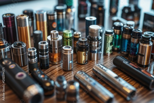 Various vaping devices resting on a wooden tabletop, showcasing different styles and sizes photo