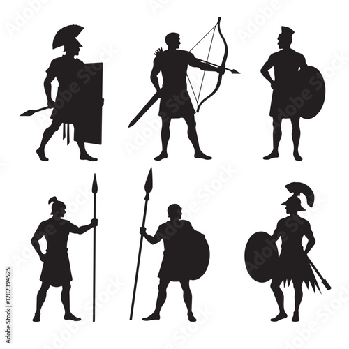 Ancient fighters with shields, bows, and spears featured in a historical silhouette bundle for artistic and creative designs