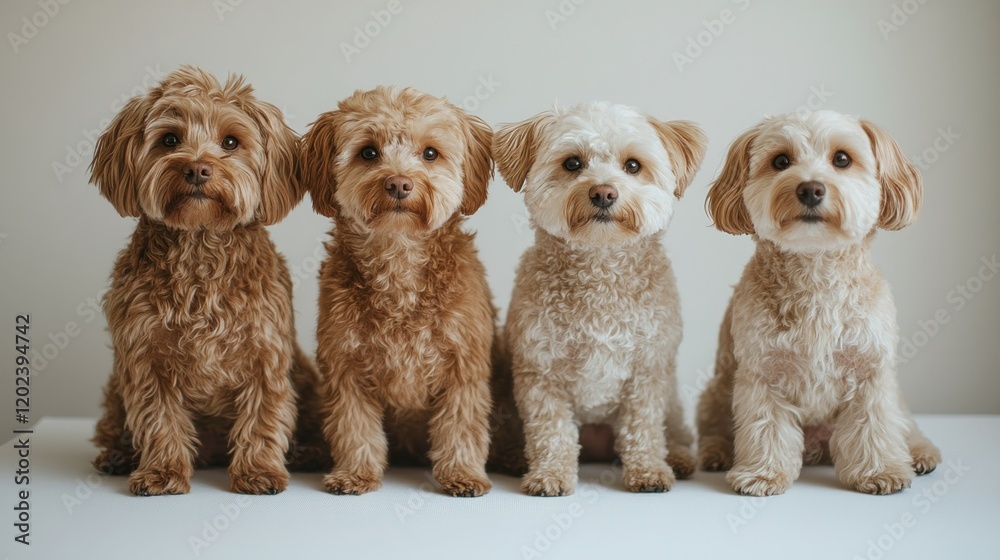 Four fluffy dogs posing indoors, neutral background, pet photography Four fluffy dogs posing indoors, neutral background, pet photography