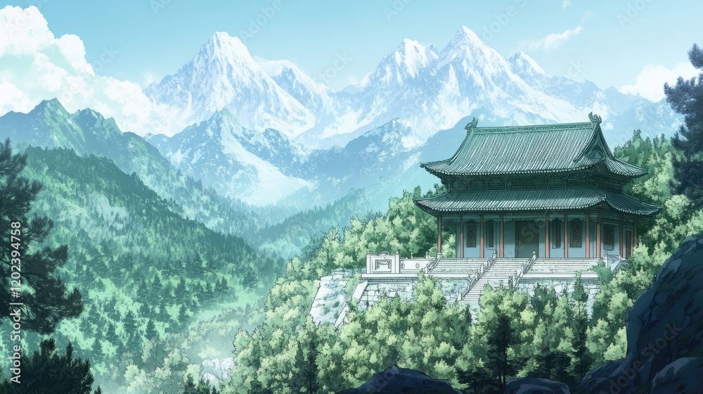 Fototapeta premium Chinese temple landscape with forest and mountains in the background, anime style.