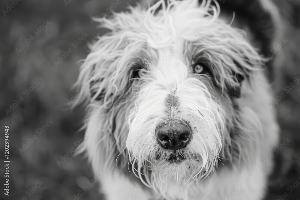 A close-up black and white portrait of an Old English Sheepdog with a wise expression, A shaggy old english sheepdog with a wise expression A close-up black and white portrait of an Old English Sheepdog with a wise expression, A shaggy old english sheepdog with a wise expression