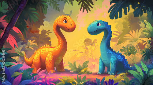 Two cute, colorful dinosaur-like creatures in a lush, vibrant jungle setting. Playful Jungle Creatures. Illustration photo