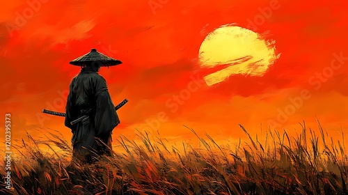 Lone Samurai Contemplates Sunset Over Grassland