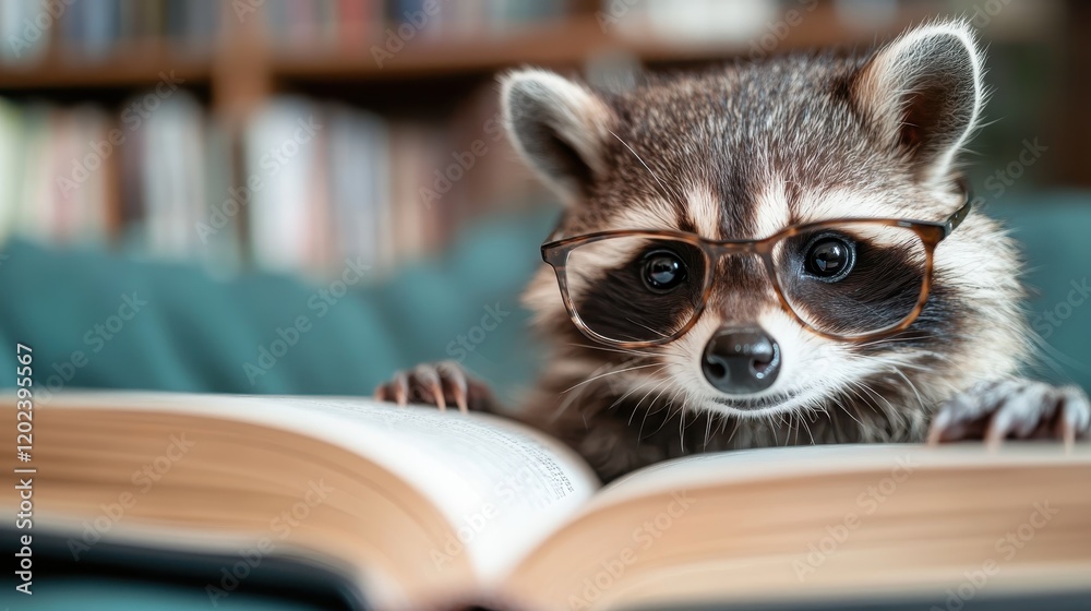 This adorable raccoon wears glasses while being intently engaged in reading a large book, adding a whimsical touch to the atmosphere of the space. This adorable raccoon wears glasses while being intently engaged in reading a large book, adding a whimsical touch to the atmosphere of the space.