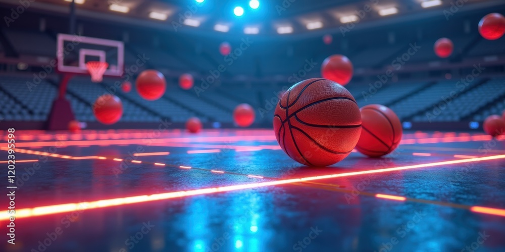 Dynamic basketball scene with floating balls and vibrant lighting, perfect for sports marketing, promotional materials, or event posters. Dynamic basketball scene with floating balls and vibrant lighting, perfect for sports marketing, promotional materials, or event posters.