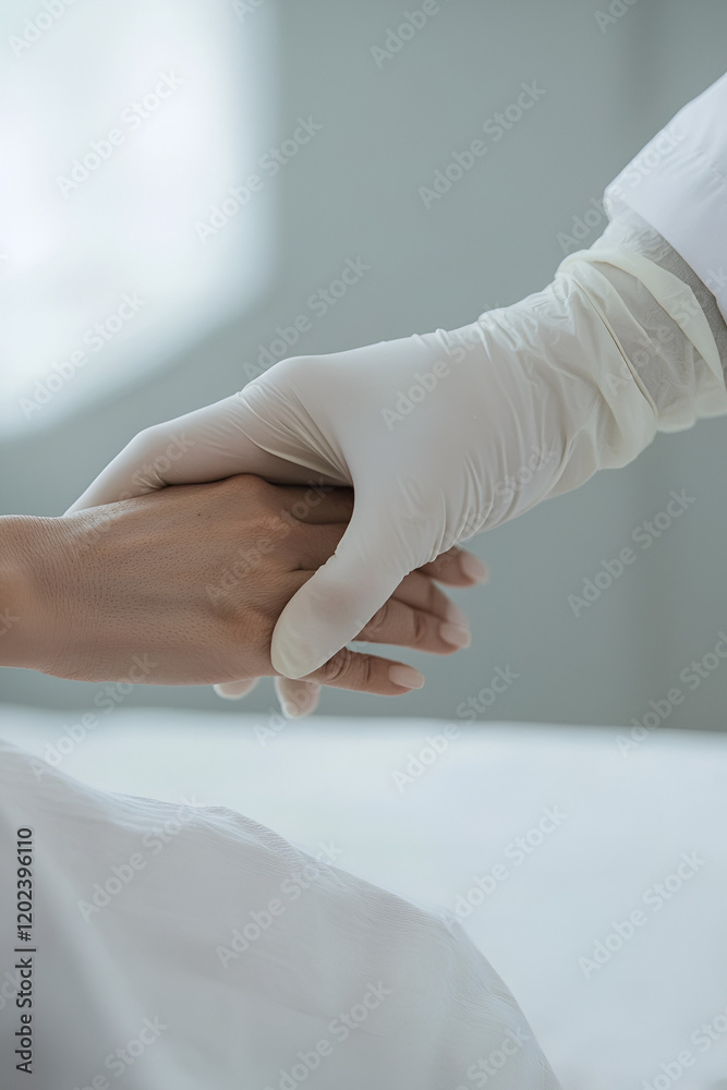 A comforting hand. A gloved hand gently holds another, offering support and reassurance. A comforting hand. A gloved hand gently holds another, offering support and reassurance.