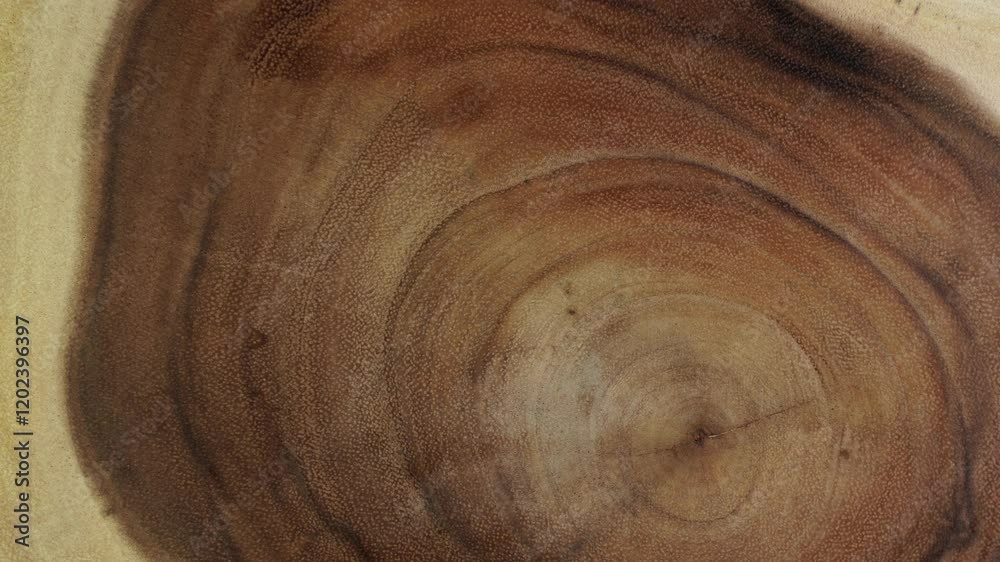 Treated dried wood log with age rings slowly rotating. Wooden tree cross section cut surface. Wooden circle tree stump trunk background from top.
