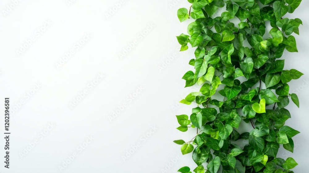 Obraz premium Lush Green Vine on White Background - Vibrant green vine cascading down a clean white backdrop, perfect for spring or summer themes. Ideal for blogs, websites, or presentations.